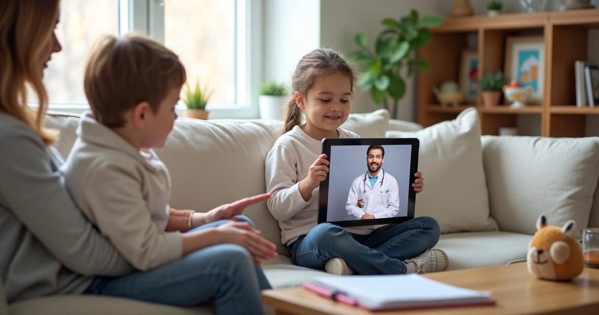 Criança em sofa com tablet em consulta pediátrica online 