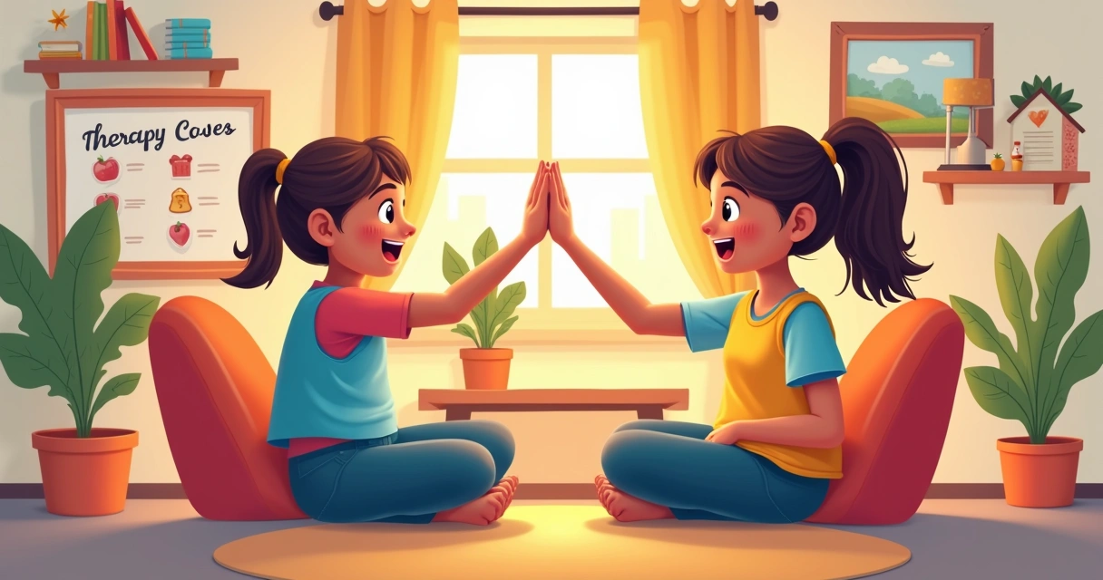 Criança sorrindo ao lado de terapeuta durante sessão de terapia ABA 