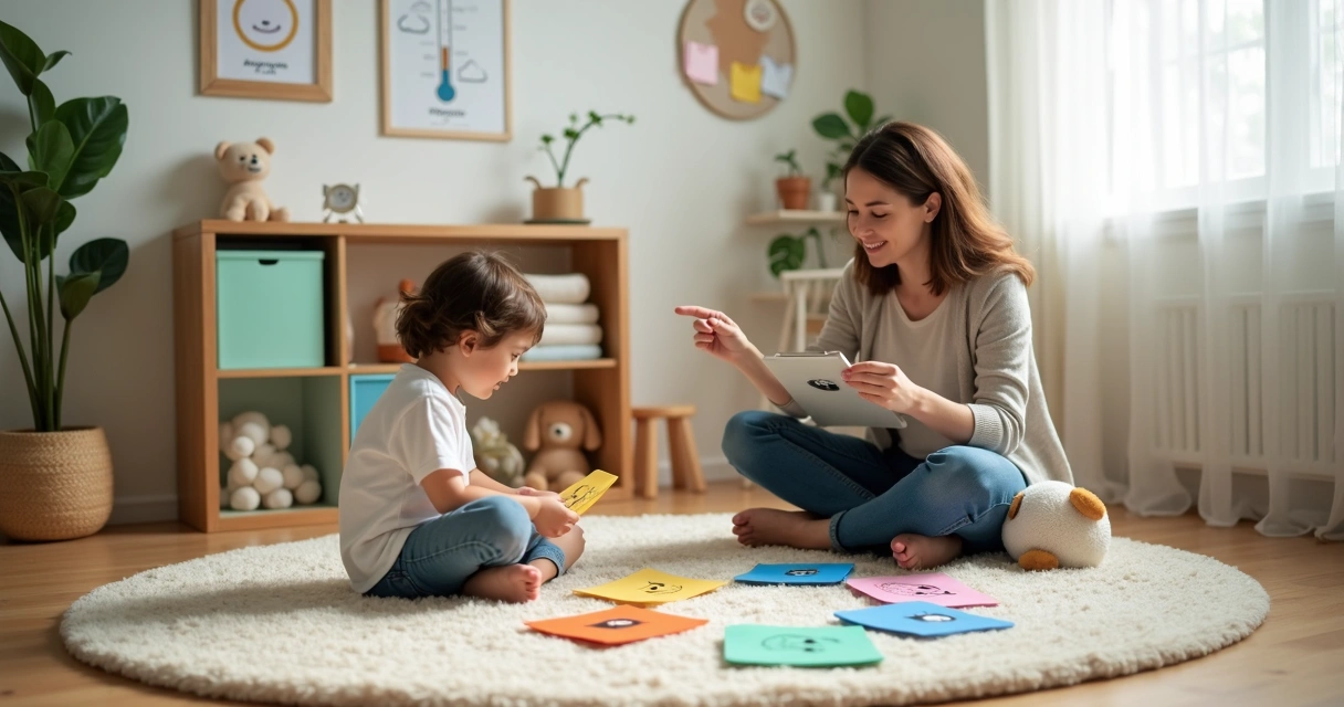 Criança com psicóloga usando cartões de emoções coloridos no consultório 