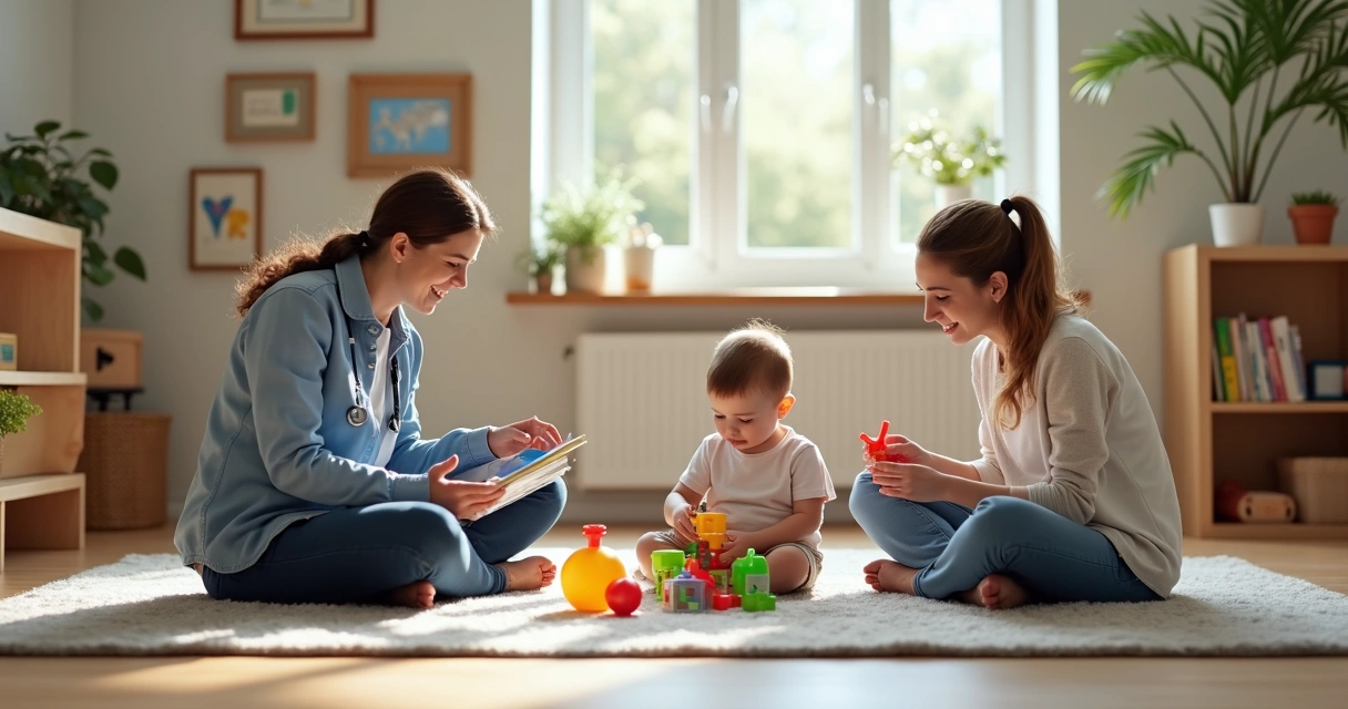 Criança em sessão de terapia ABA com dois profissionais 