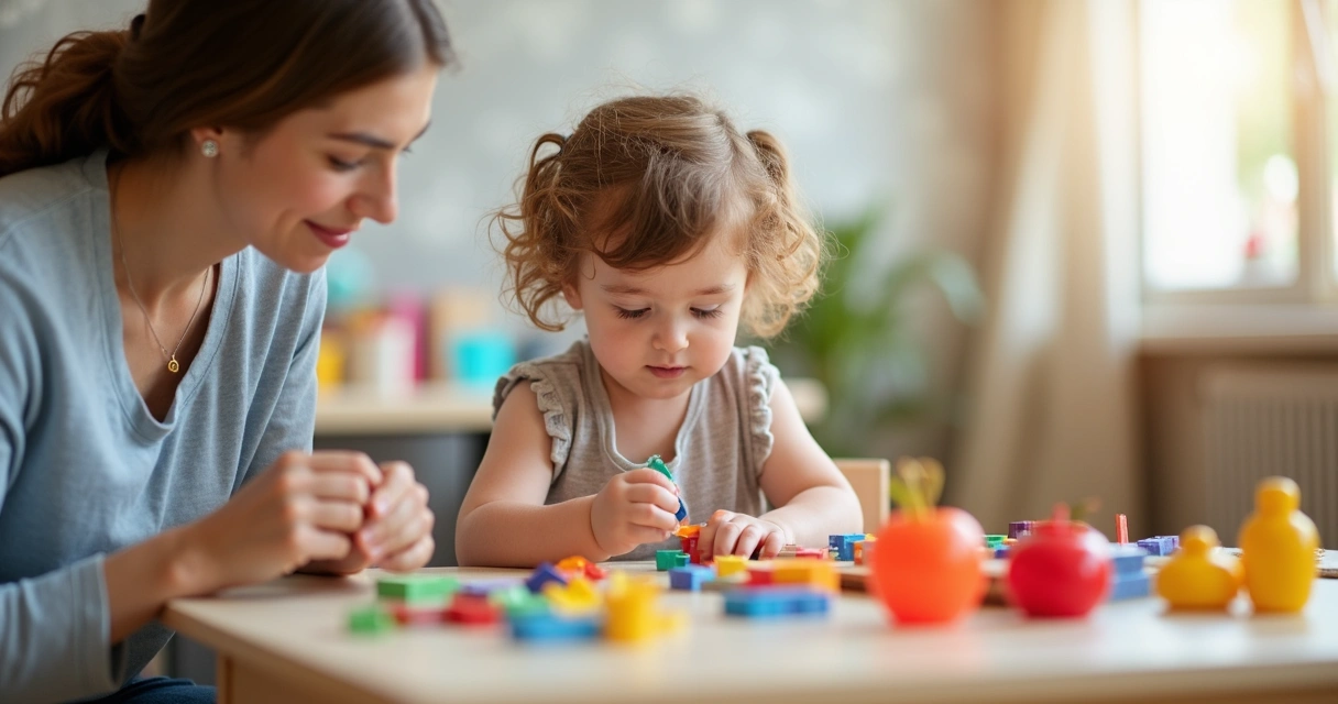Criança faz atividade de terapia ocupacional com profissional e brinquedos coloridos 