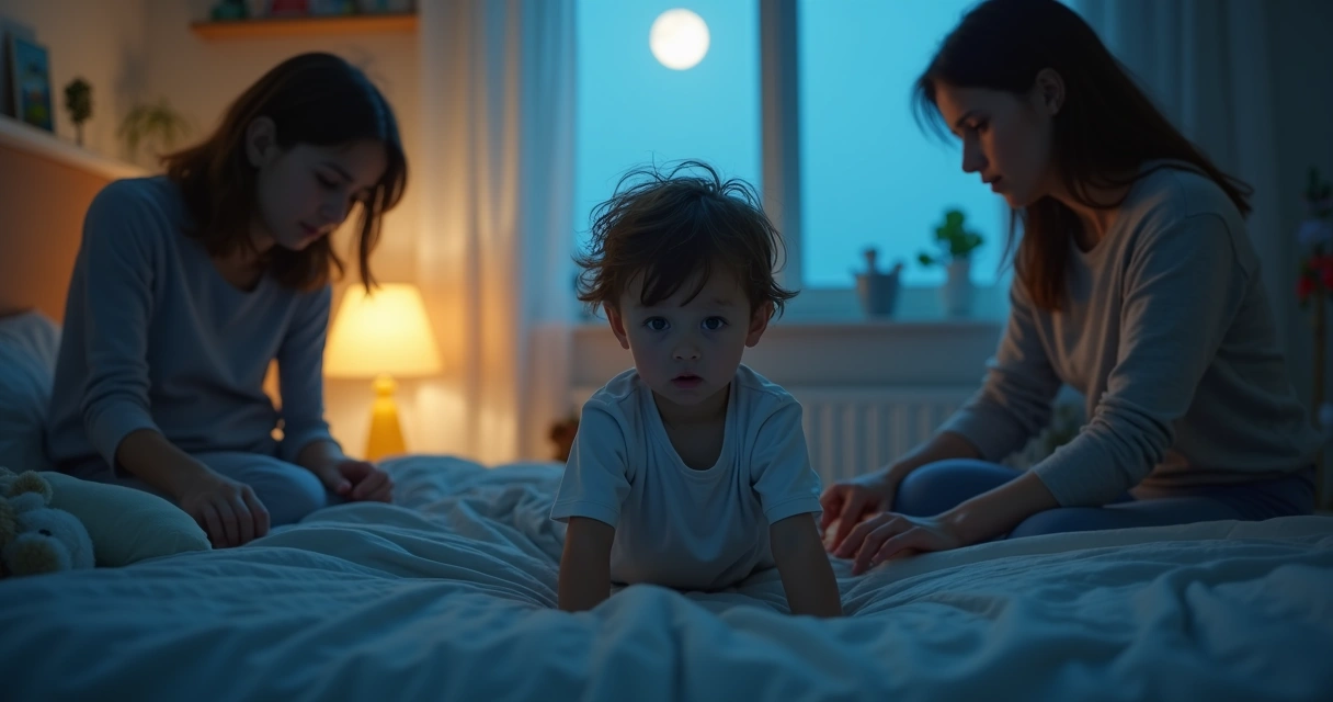 Criança pequena sentada assustada na cama no quarto escuro com os pais preocupados ao lado 
