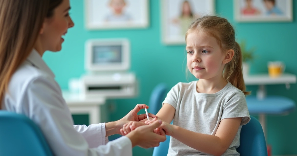 Menina em consultório médico realizando teste de alergia alimentar 