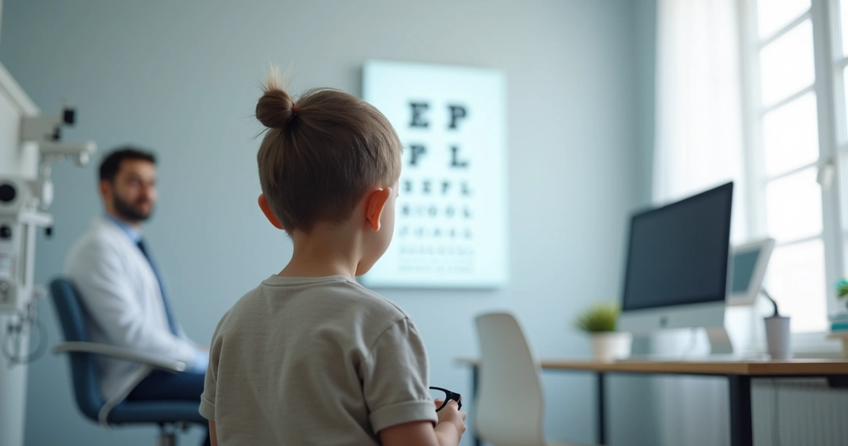Criança lendo letras em quadro de teste de visão em consultório de oftalmologia 