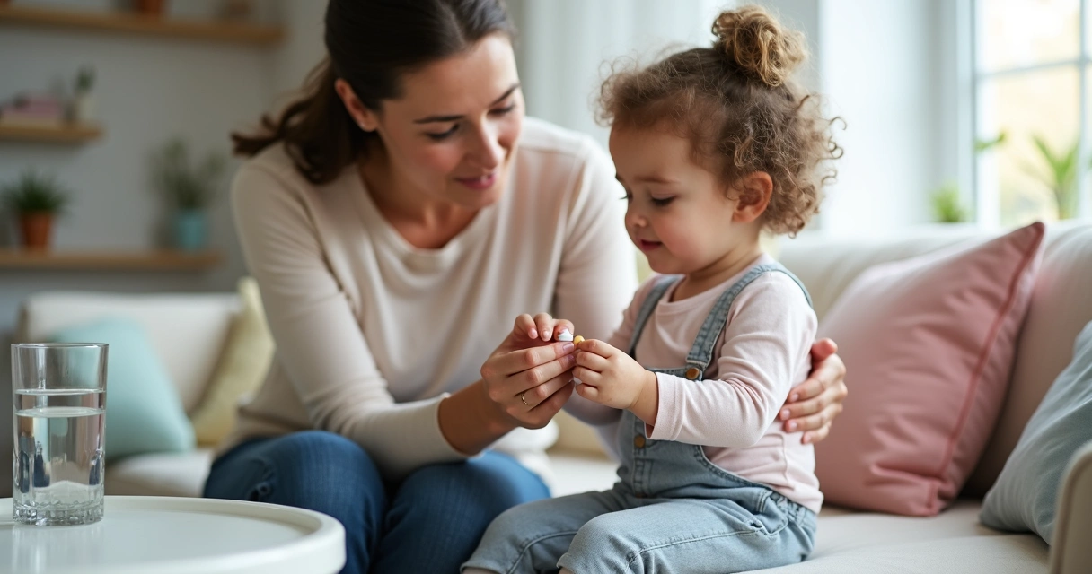 Criança pequena recebendo medicamento orodispersível da mãe