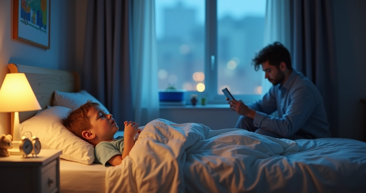 Criança tossindo na cama à noite em quarto iluminado por abajur 