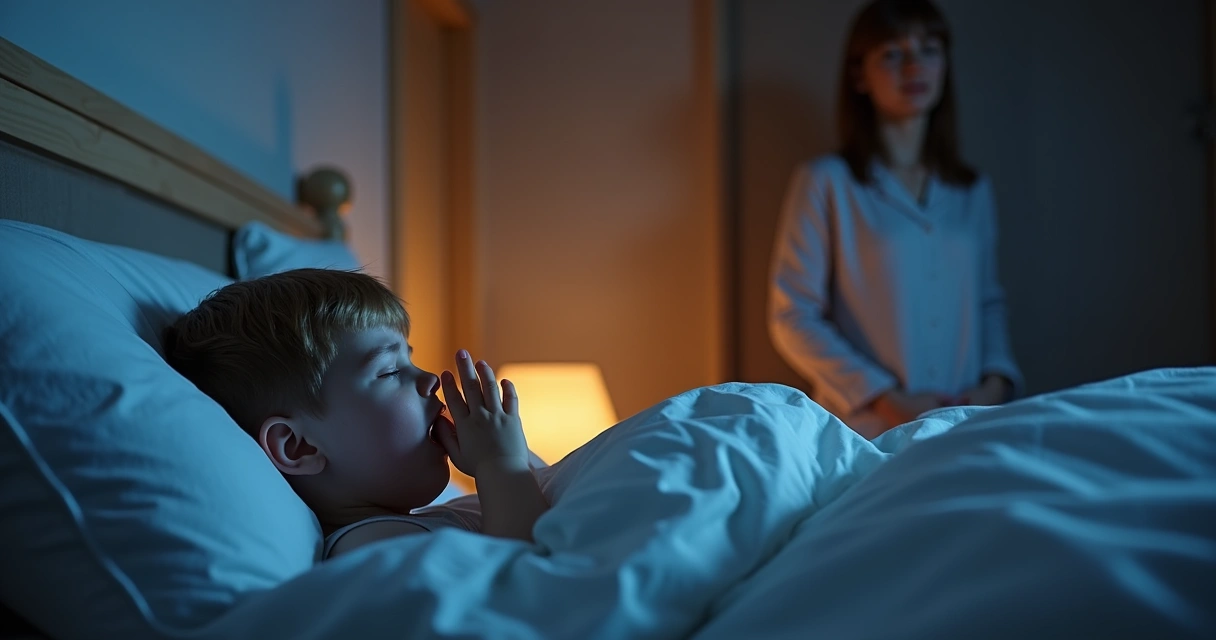 Criança tossindo à noite deitada na cama 