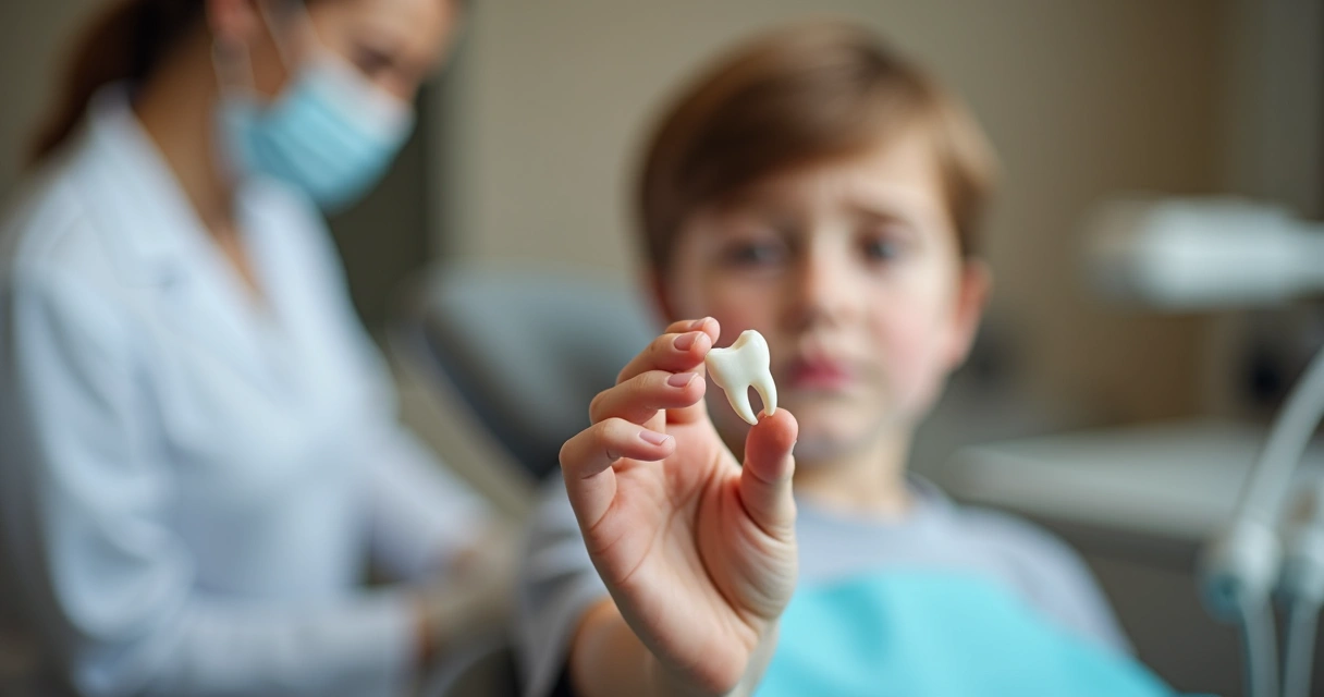 Menino segurando pedaço de dente quebrado com expressão preocupada, fundo de clínica 