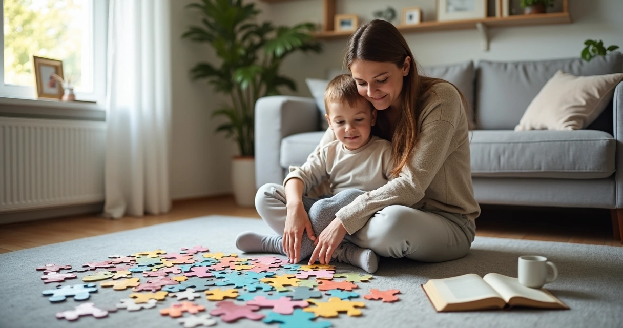 Mãe abraçando filho em sala colorida com quebra-cabeça misturado ao fundo 