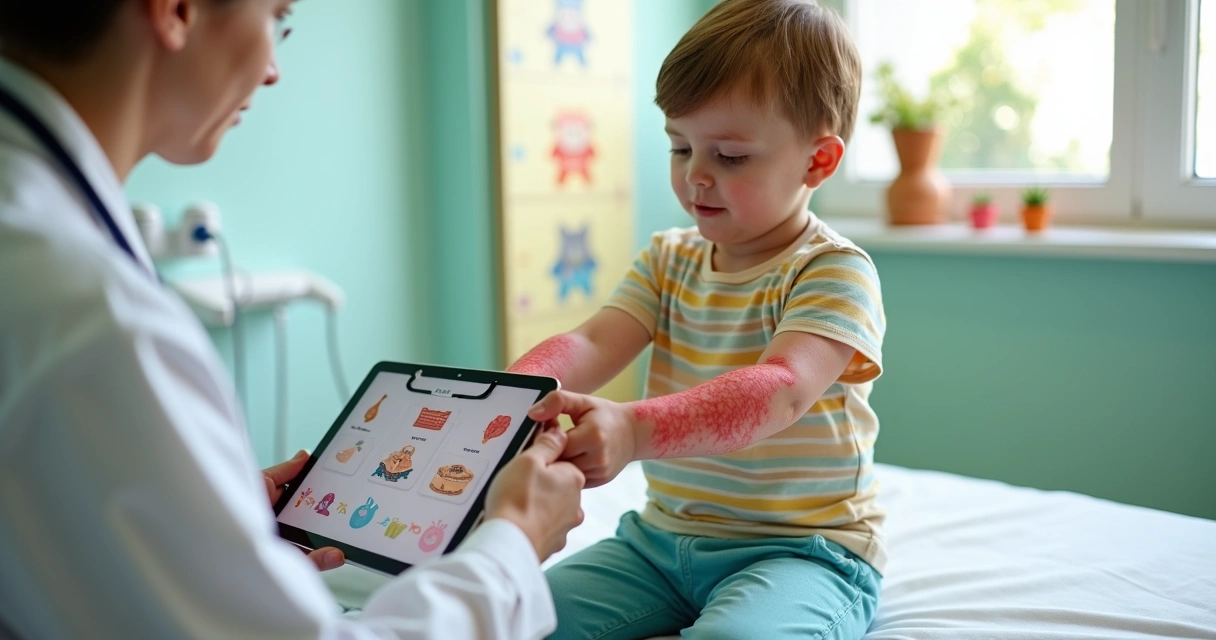 Criança mostrando manchas de urticária nos braços para o pediatra em consultório infantil 
