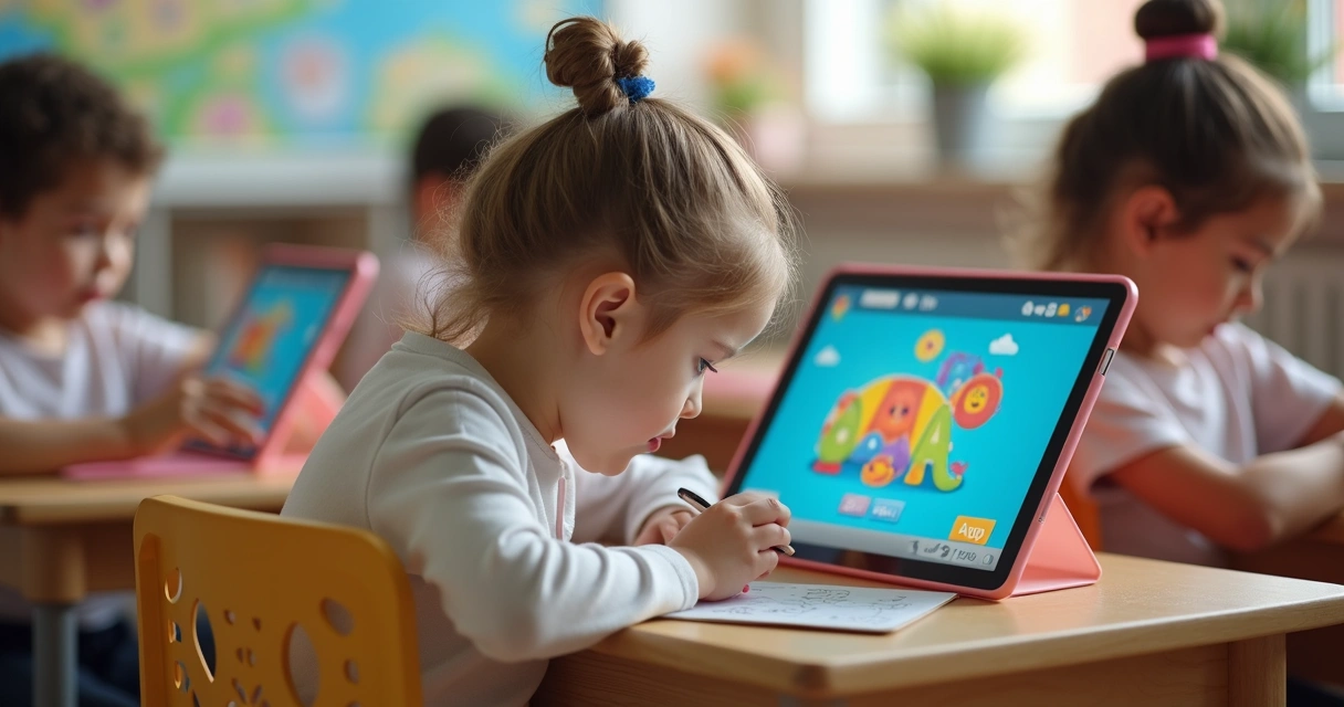 Criança do 2º ano usando tablet educativo na sala de aula 