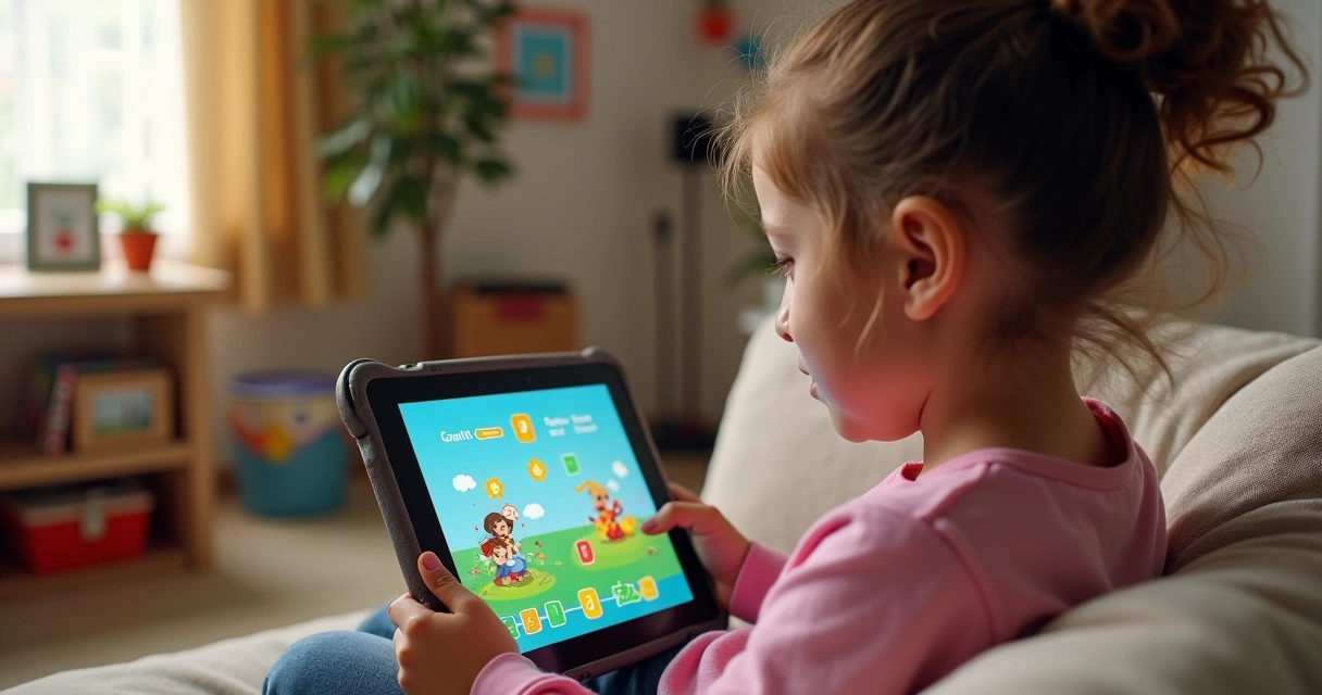 Menina usando tablet para estudo personalizado na sala