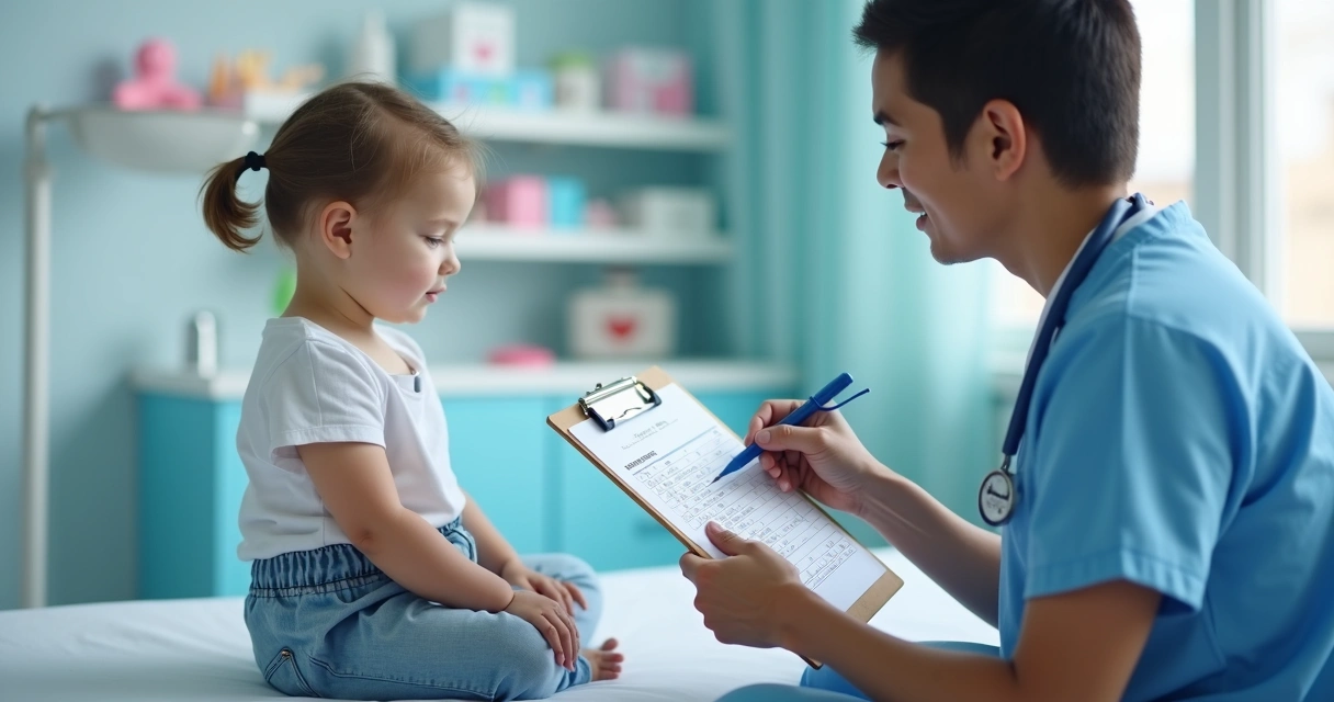Profissional de saúde conversando com responsável antes da vacinação infantil