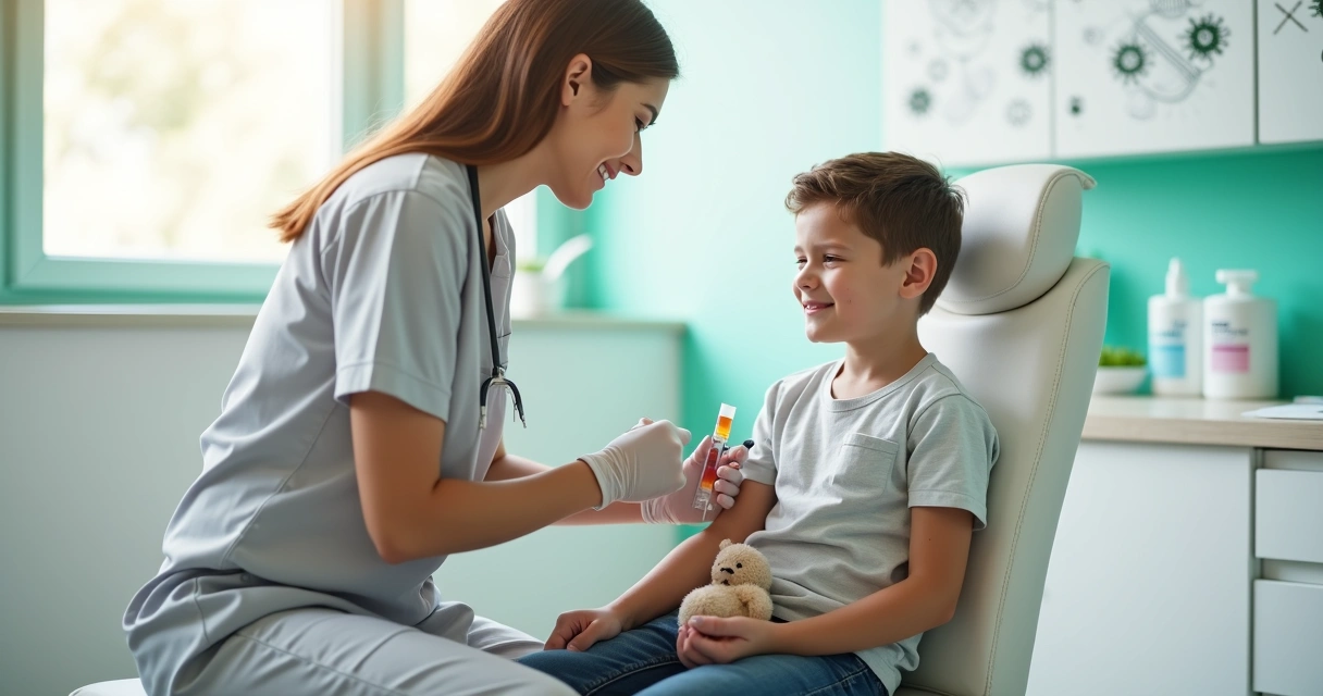 Enfermeira aplicando vacina da gripe em criança sorridente em clínica pediátrica moderna 