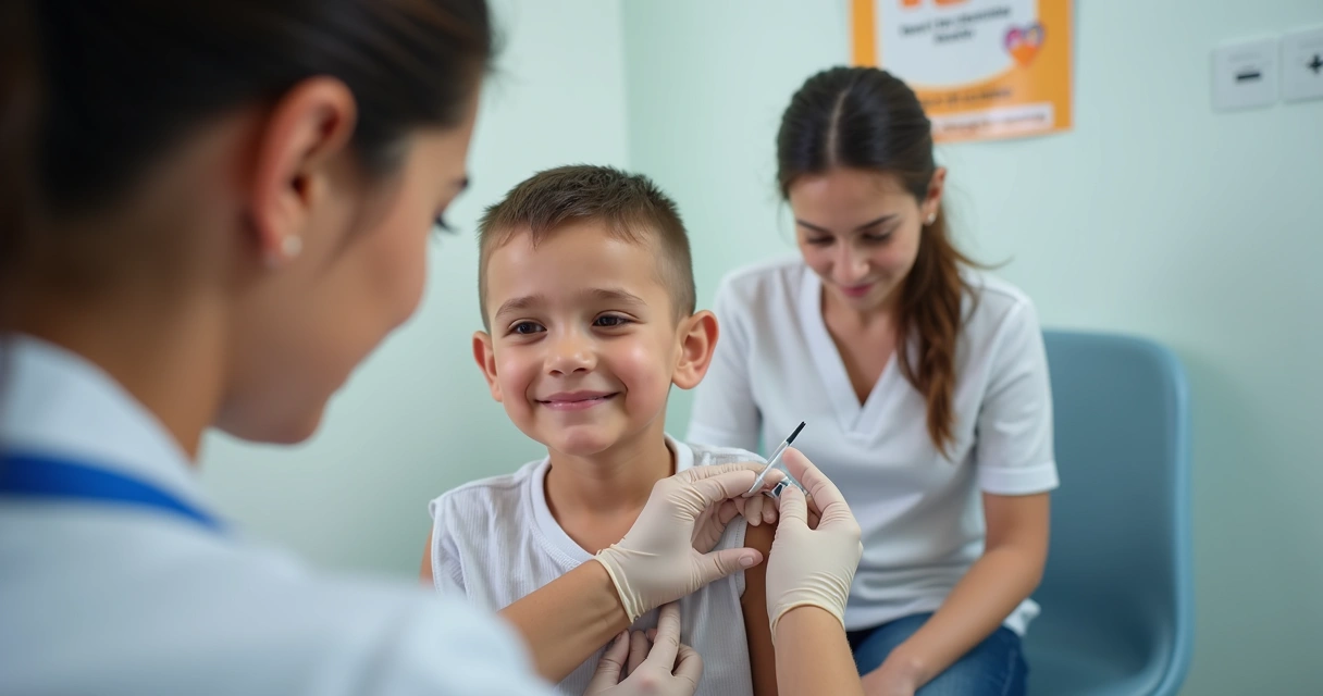 Criança recebendo vacina no braço em clínica iluminada