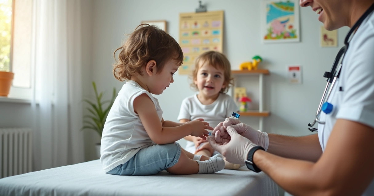 Pediatra aplicando vacina em criança pequena em consultório moderno 