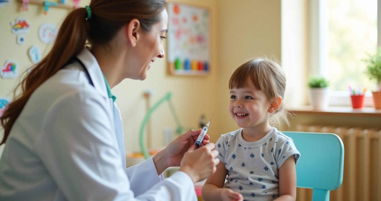Criança sentada no consultório médico com médico gentil mostrando uma seringa, ambiente acolhedor e iluminado 