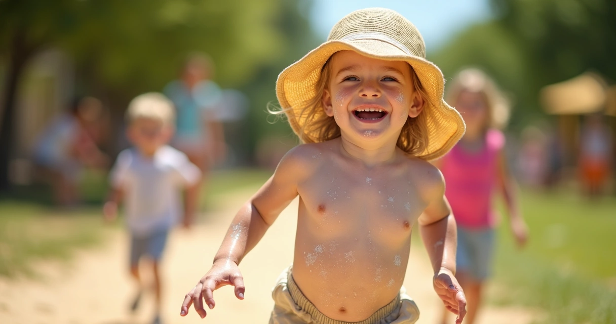 Criança com vitiligo brincando ao ar livre com filtro solar aplicado 