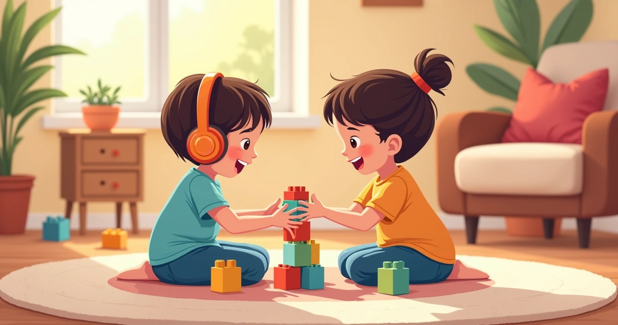 Duas crianças pequenas sentadas no chão, brincando juntas com blocos coloridos de montar. 