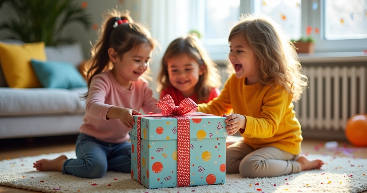 Crianças sorrindo ao abrir embalagem de presente colorida com laços e desenhos 