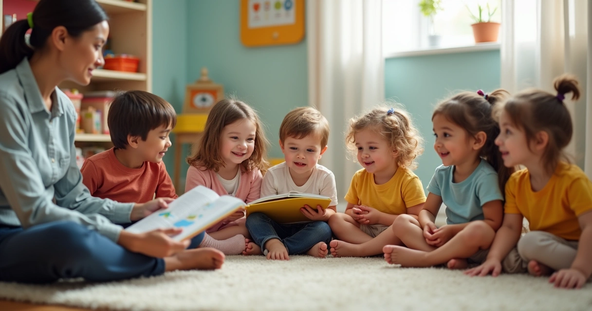 Grupo de crianças ouvindo histórias e demonstrando acolhimento 