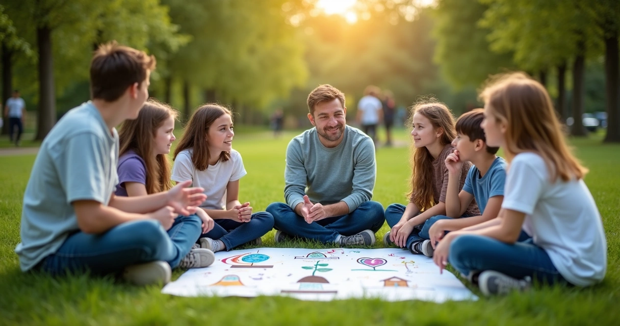 Adulto conversando com crianças e adolescentes em roda ao ar livre 