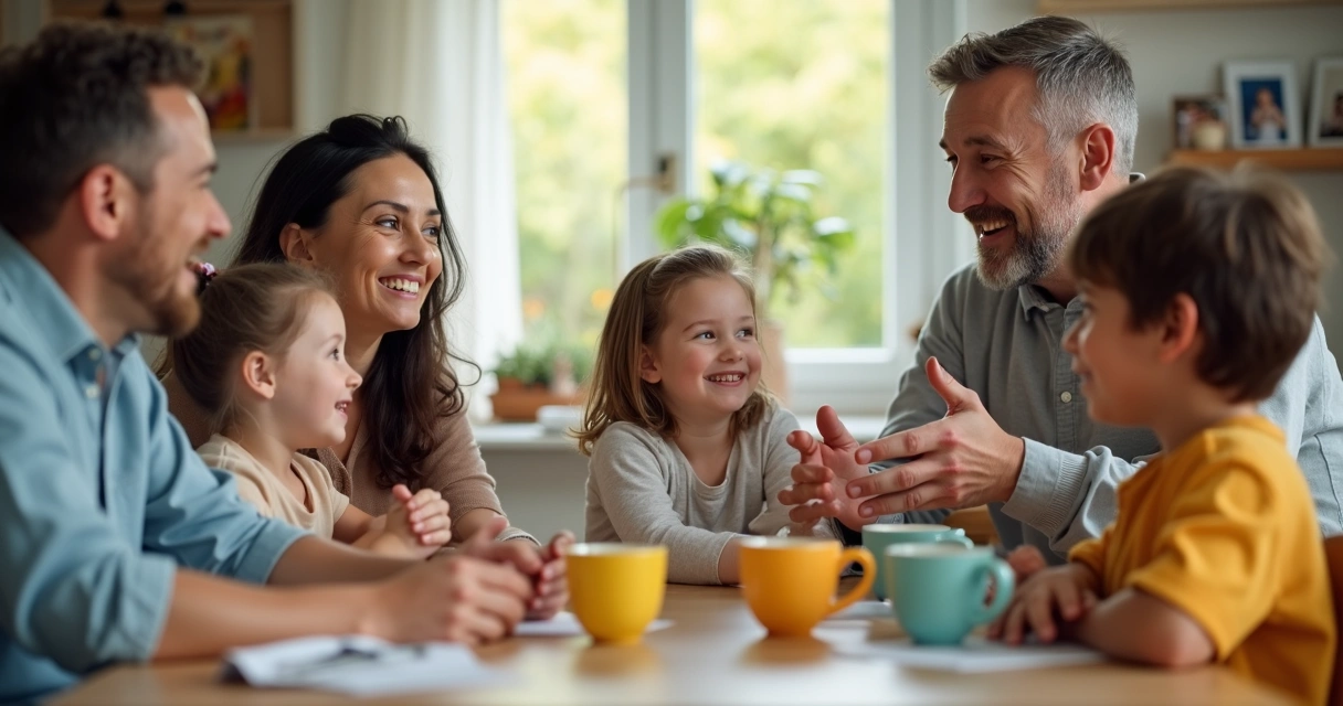 Crianças e adultos sorrindo durante conversa em casa 