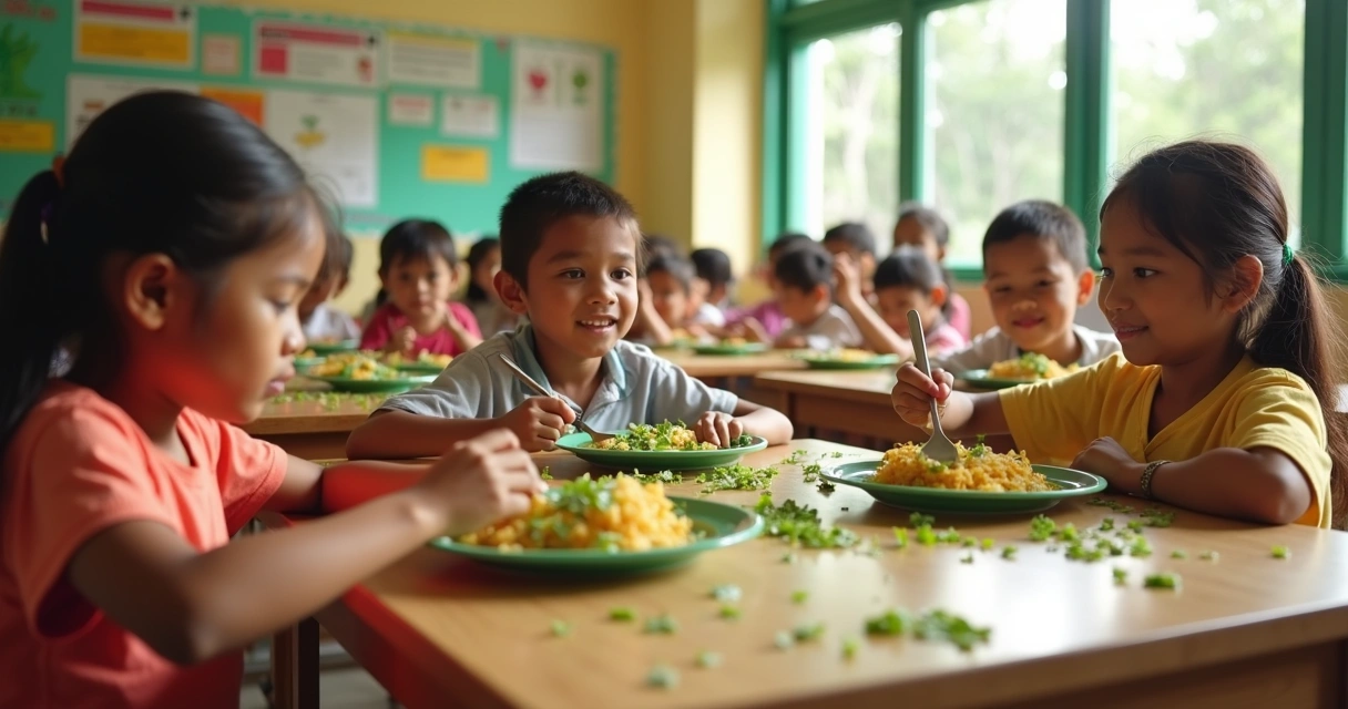 Crianças em refeitório escolar com prato contendo alimentos saudáveis e folhas de moringa 