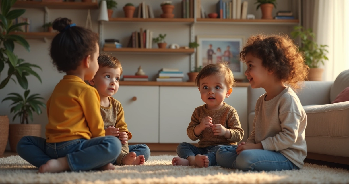 Duas crianças observando adultos em uma sala.