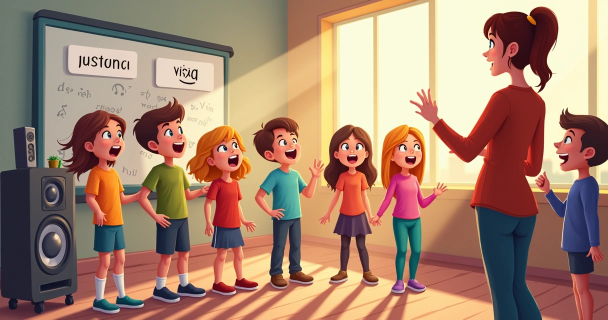 Crianças cantando música de inglês em sala de aula 