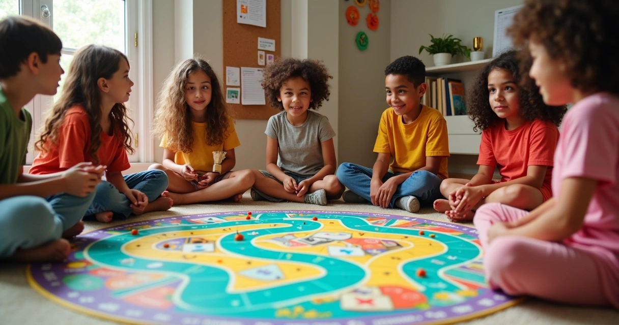 Grupo de crianças de 6 a 12 anos em roda no chão jogando tabuleiro educativo gamificado 