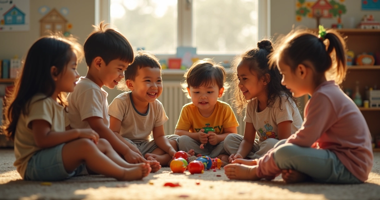 Crianças de diferentes idades sentadas em círculo interagindo e brincando juntas 