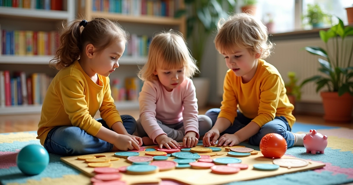 Crianças montando quebra-cabeça em formato de moedas 