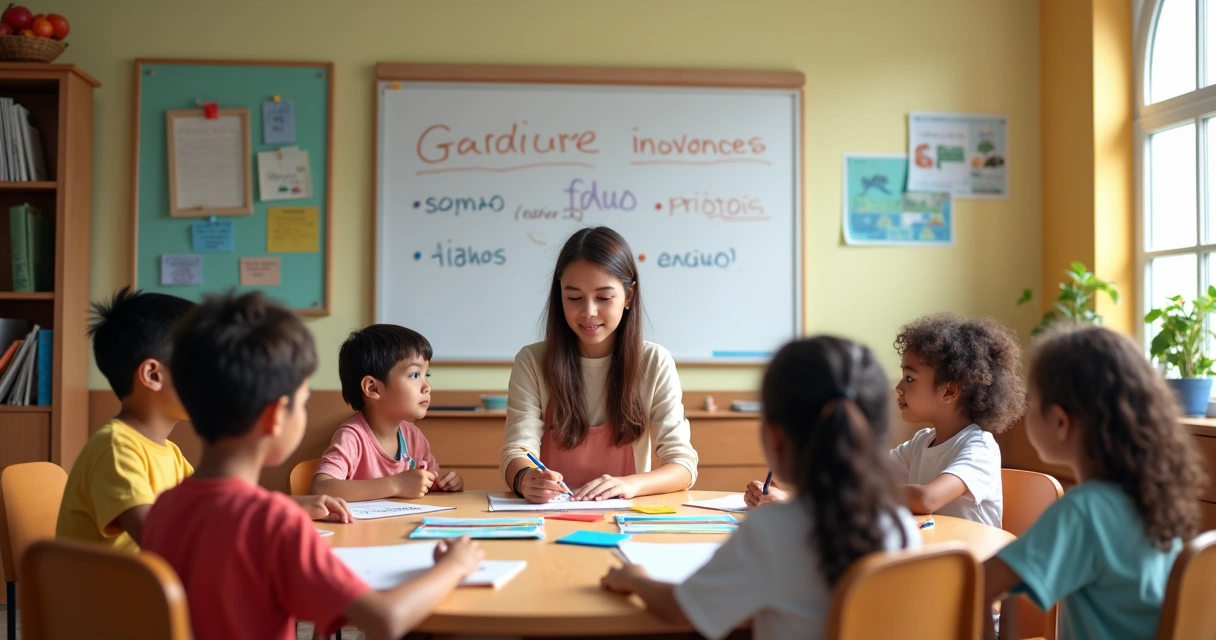 Crianças sentadas ao redor de uma mesa aprendendo educação financeira na escola