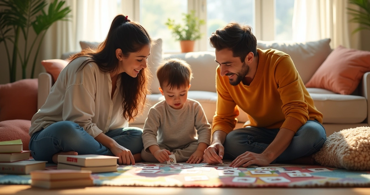 Pai, mãe e criança no tapete da sala aprendendo juntos sobre emoções 