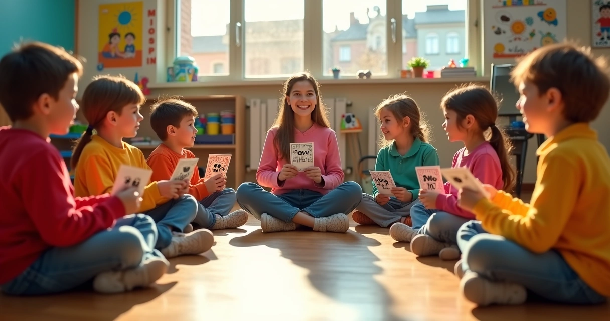 Alunos reunidos em uma roda de conversa com professora e cartões ilustrando emoções 