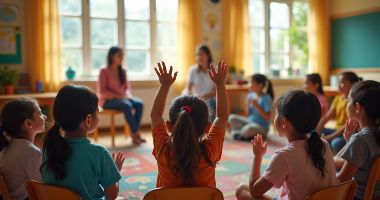 Crianças sentadas em círculo praticando escuta ativa com uma professora