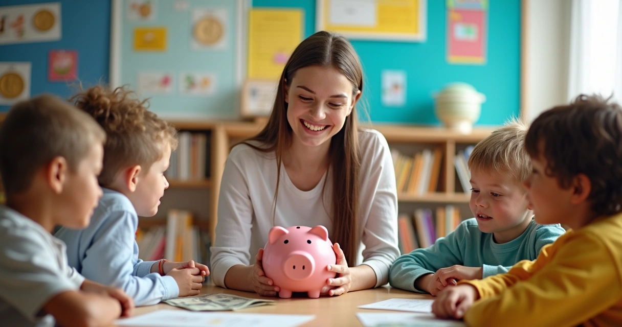 Crianças sentadas em círculo enquanto professora ensina sobre dinheiro falso e cofrinhos