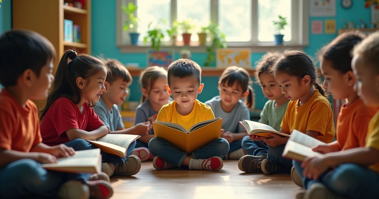 Crianças sentadas em círculo lendo livros 