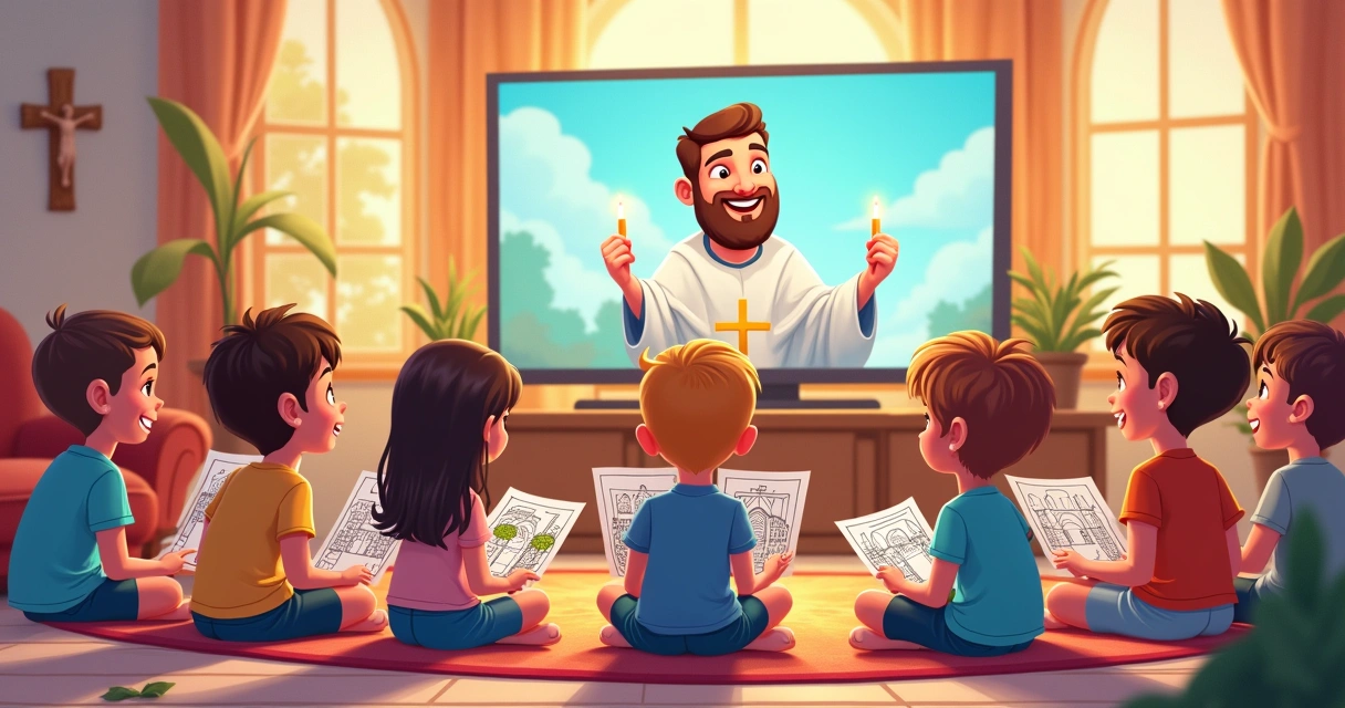 Crianças aprendendo sobre liturgia com desenhos 