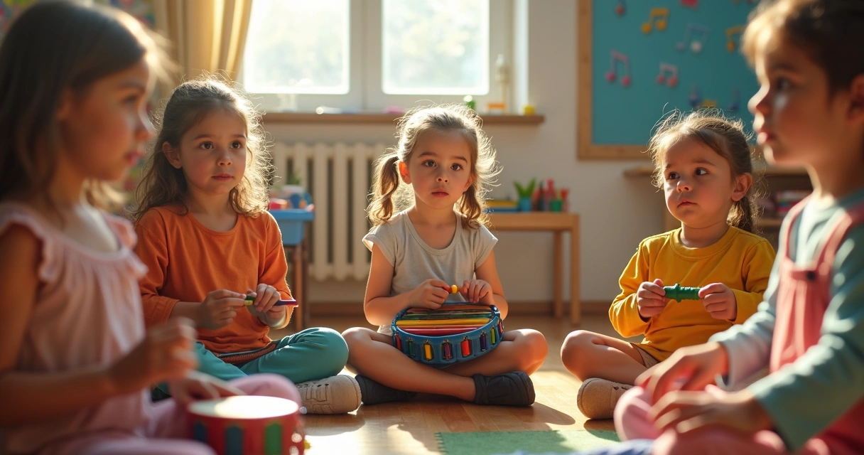 Crianças diversas tocando instrumentos musicais coloridos em sala de aula