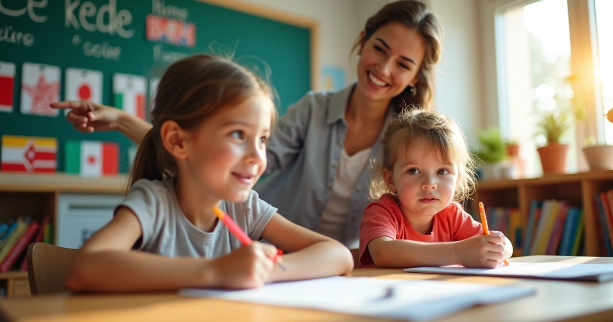 Crianças aprendendo idioma em sala de aula