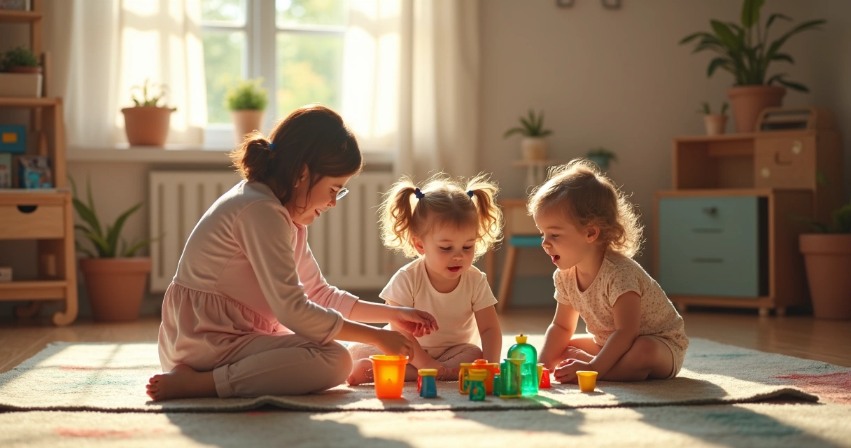 Crianças pequenas aprendendo juntas em sala de aula com brinquedos coloridos 