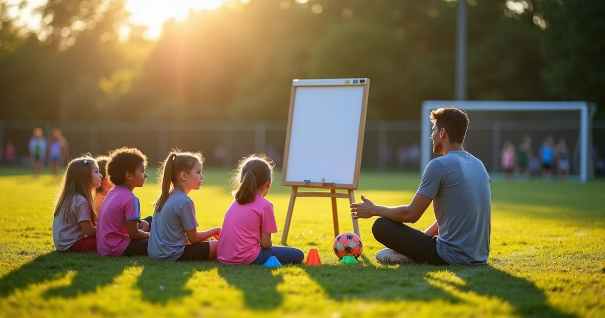 Crianças sentadas em círculo com treinador explicando regras do futebol usando cones 