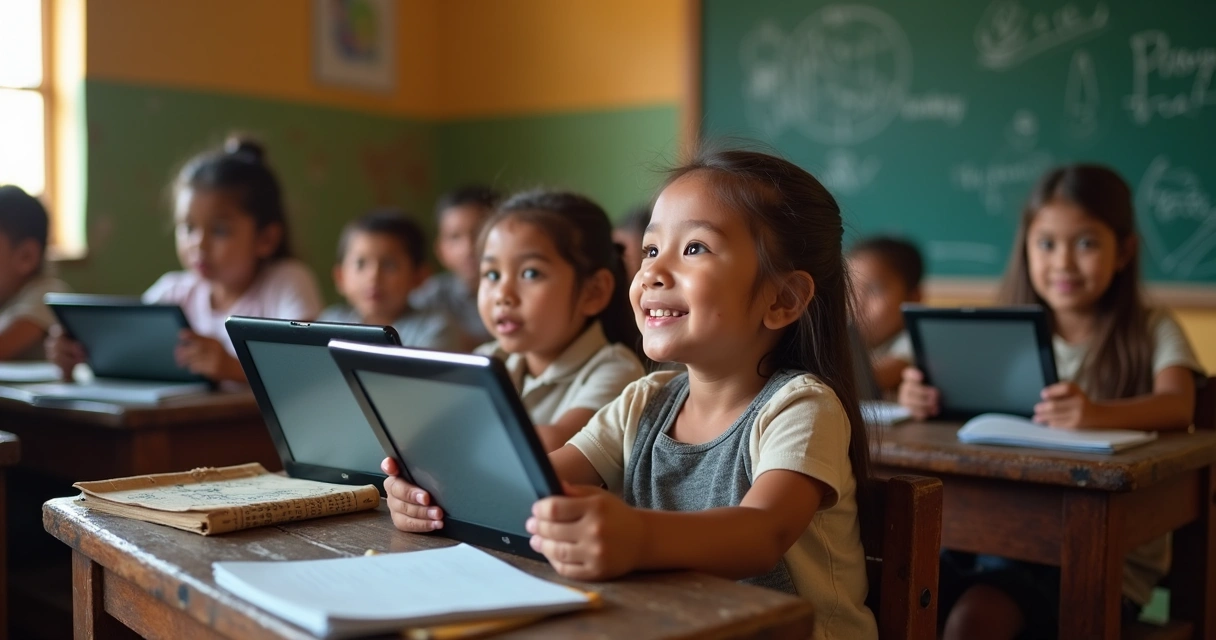 Crianças usando tablets para estudar em escola rural 
