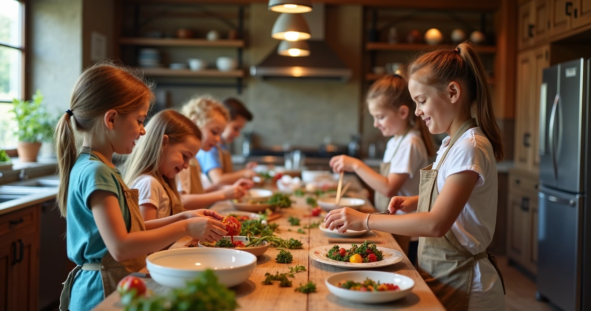 Crianças preparando comida em aula de culinária local 
