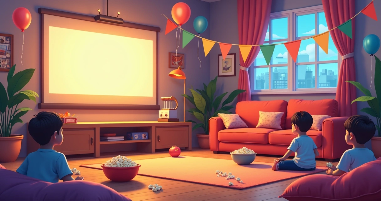 Crianças sentadas em tapete colorido assistindo a filmes clássicos em uma sala decorada 