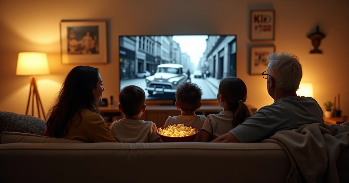 Crianças assistindo filmes clássicos em família no sofá 