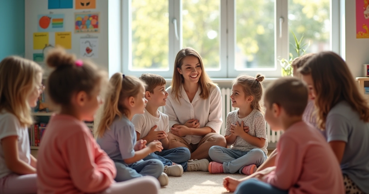 Crianças em círculo na escola praticando atividade emocional com professora 