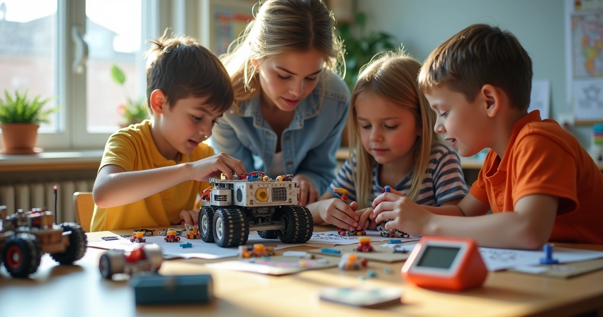 Crianças trabalhando em atividade maker em escola 